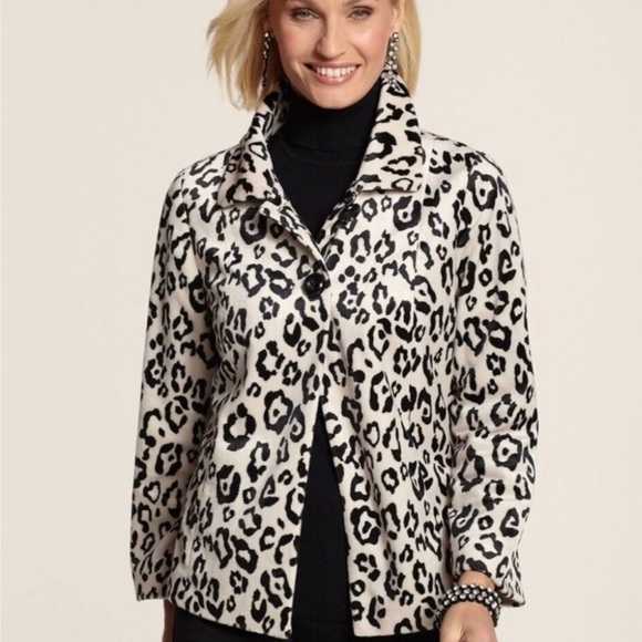 Chico's Jackets & Blazers - Chico’s Leopard Print Swing Faux Fur Black And Cream Blazer Jacket Size 1